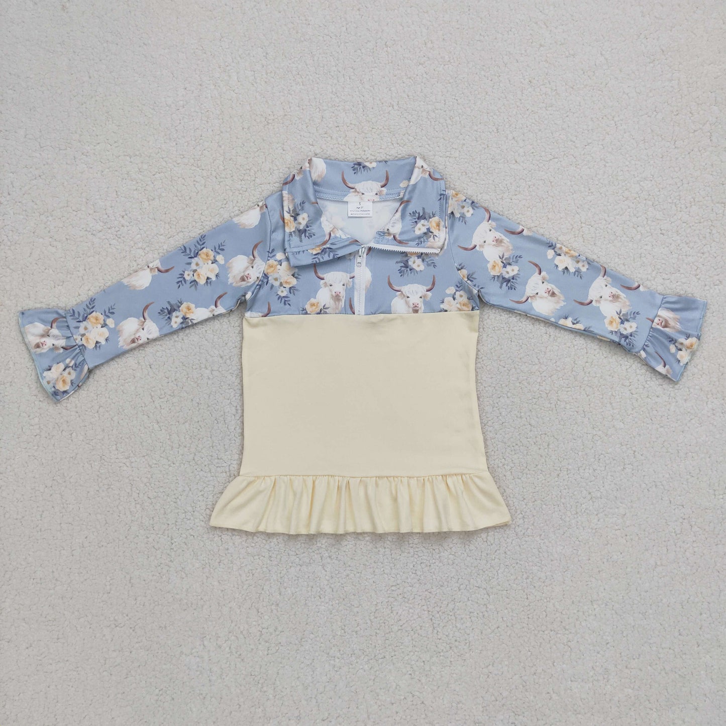 GT0301 Baby Girl Long Sleeves Western Cow Flower Zipper Pullover