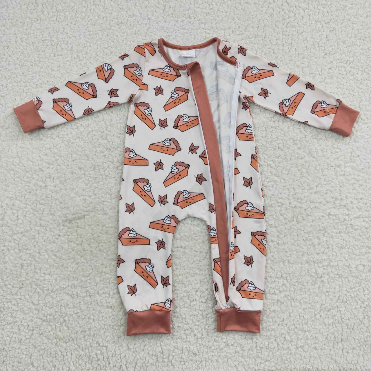 LR0353 Baby Kids Long Sleeves One Piece Pumpkin Pie Fall Thanksgiving Zip Romper