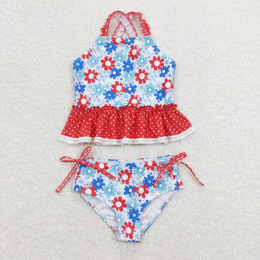 S0253 July 4th Baby Girl Sleeveless Floral Set Summer Swimsuit