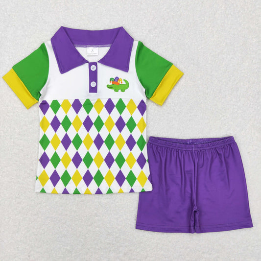 BSSO0311 Mardi Gras Baby Boy Short Sleeves Shirt Purple Shorts Outfit