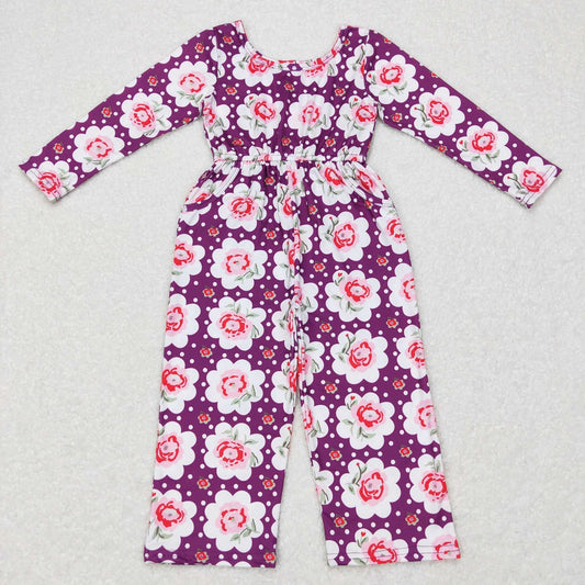 LR0716 Baby Girl Floral Long Sleeves Pocket Flower Purple Jumpsuit