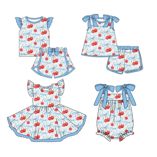 Baby Girl Blue Bows Cherry Sibling Romper Dress Set ( Moq 5 Each Style ) 3.13