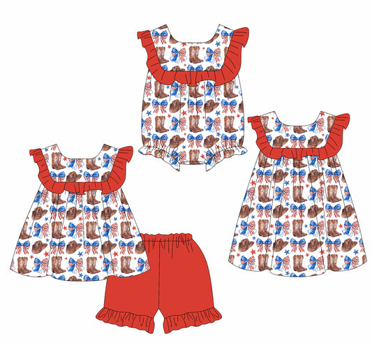 ( Moq 5 Each Style ) Sibling Baby Girls Kids Boots Bows 4th of July Romper Dress Set
