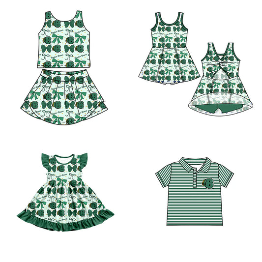 ( Moq 5 each style ) Baby Boy Girl Toddler Team Green Bows Sibling Shirt Dress Set 6.21