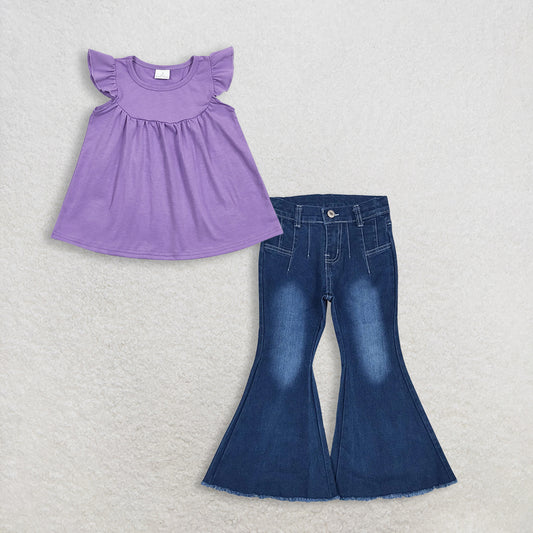 Baby Girls Kids Purple Short Sleeves Cotton Tunic Denim Jeans Bell Pants Set RTS
