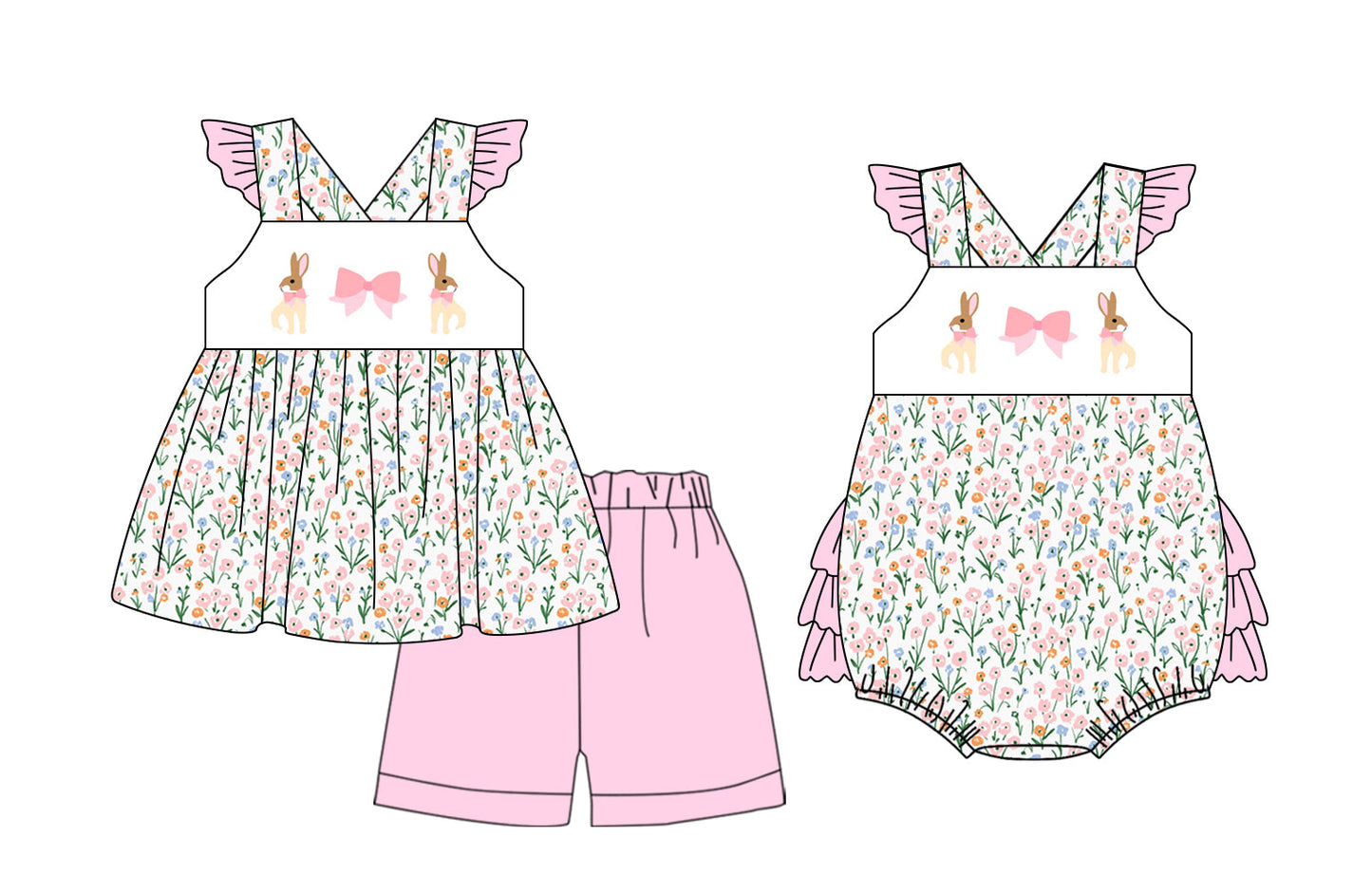Baby Girl Easter Rabbits Bows Floral Sibling Romper Set ( Moq 5 Each Style ) 1.8