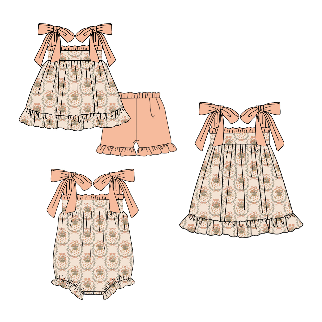 ( Moq 5 Each Style ) Baby Girls Kids Floral Bows Sibling Summer Romper Dress Set