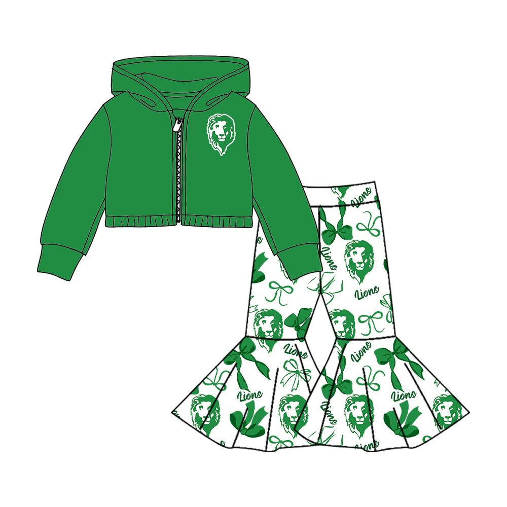 ( Moq 5 each style ) Baby Girl Team Sibling Lion Green Bows Dress Set 7.25