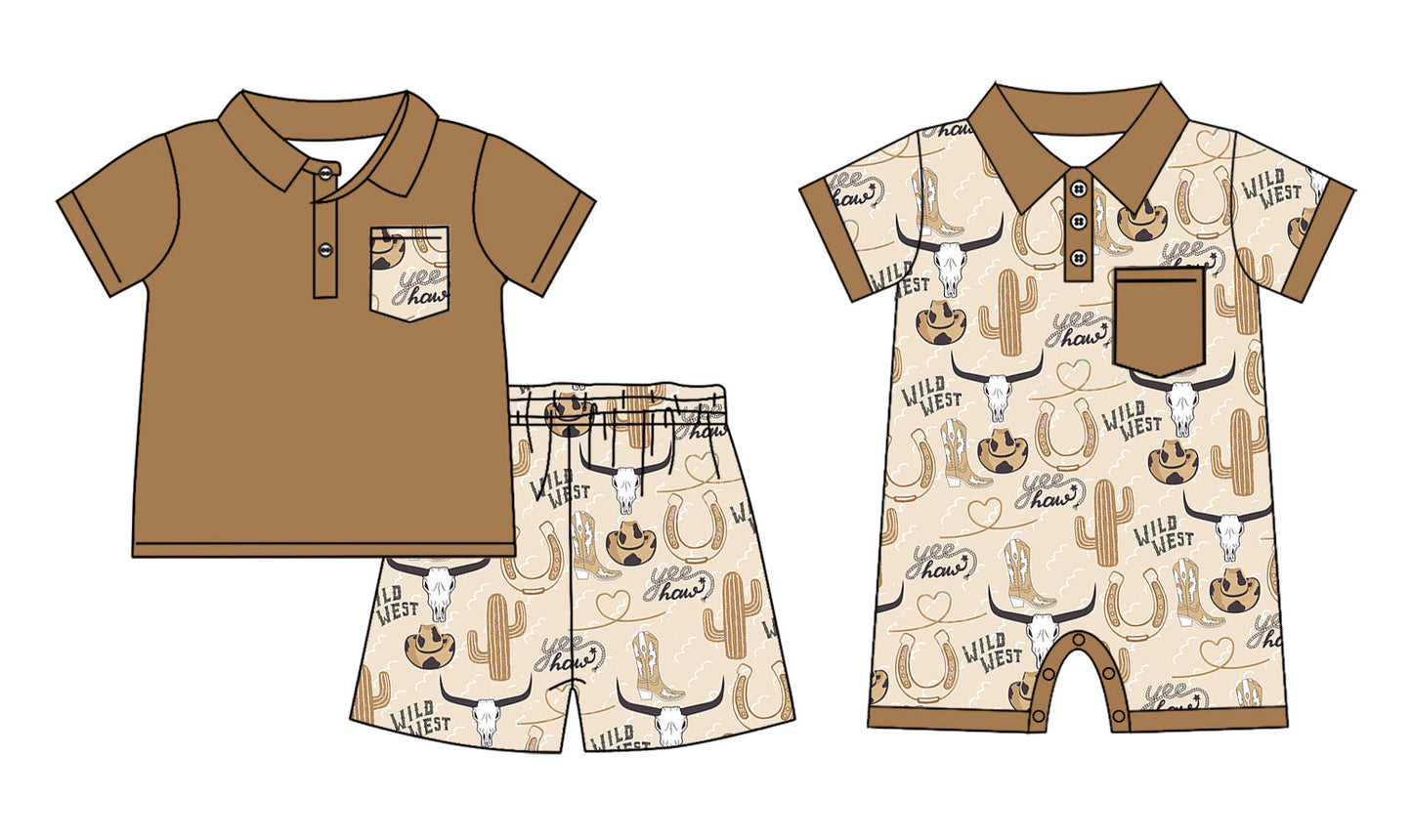 Baby Boy Short Sleeves Western Cow Cactus Sibling Romper Clothes Set ( Moq 5 Each Design ) 12.9