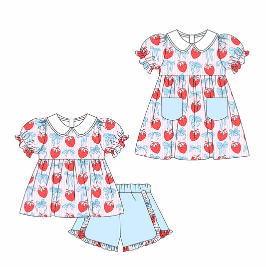 ( Moq 5 Each Style ) Baby Girls Kids Short Sleeves Strawberry Bows Sibling Dress Set