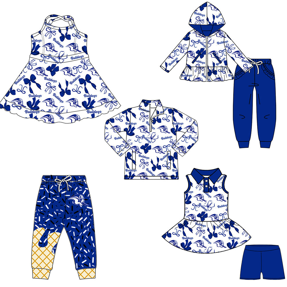 ( Moq 5 each style ) Baby Boy Girl Team Cheer Sibling Shirt Blue Bows Dress Set 8.11