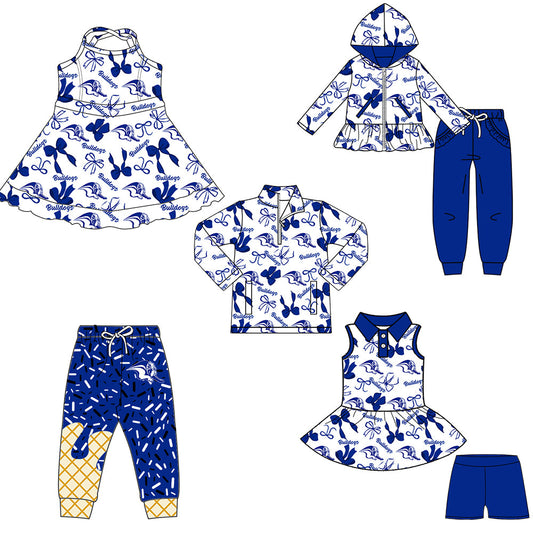 ( Moq 5 each style ) Baby Boy Girl Team Cheer Sibling Shirt Blue Bows Dress Set 8.11
