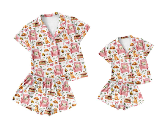 Baby Girl Adult Women Short Sleeves Dogs Bows Flower Sibling Pajamas Set ( Moq 5 Each Style ) 3.21