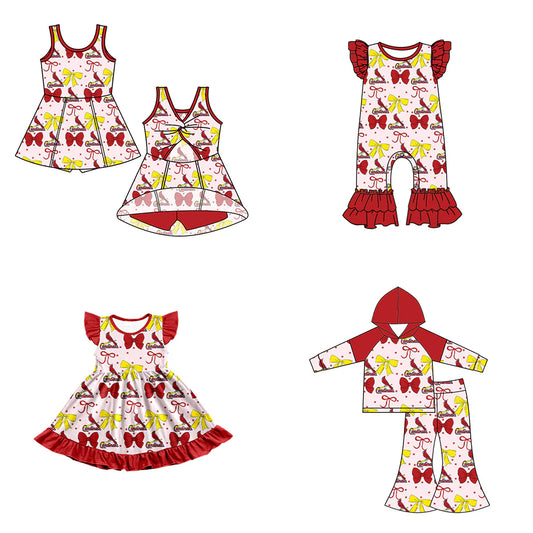 ( Moq 5 each style ) Baby Girl Toddler Team Red Yellow Bows Sibling Romper Dress Set 6.16
