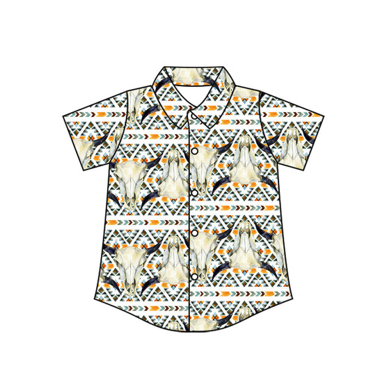 ( Moq 5 ) Baby Boy Short Sleeves Aztec Bull Skull Button Shirts Tops