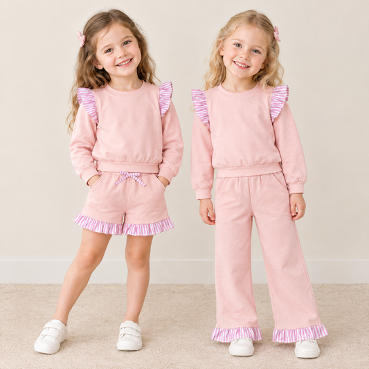 Sibling Baby Girls Kids Long Sleeves Shirts Pockets Shorts Pants Cotton Pink Sets Clothes RTS