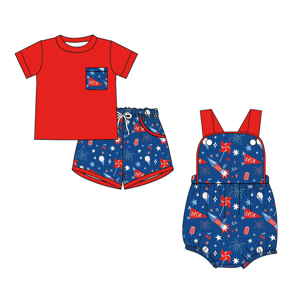 ( Moq 5 Each Style ) Sibling Baby Boys Kids 4th of July Stars Shirt Pockets Shorts Set Romper Clothes