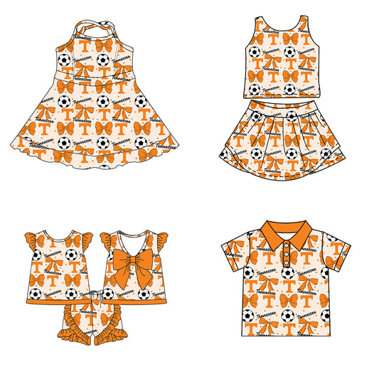 ( Moq 5 each style ) Baby Girl Toddler T Team Orange Bows Soccer Sibling Shirt Dress Set