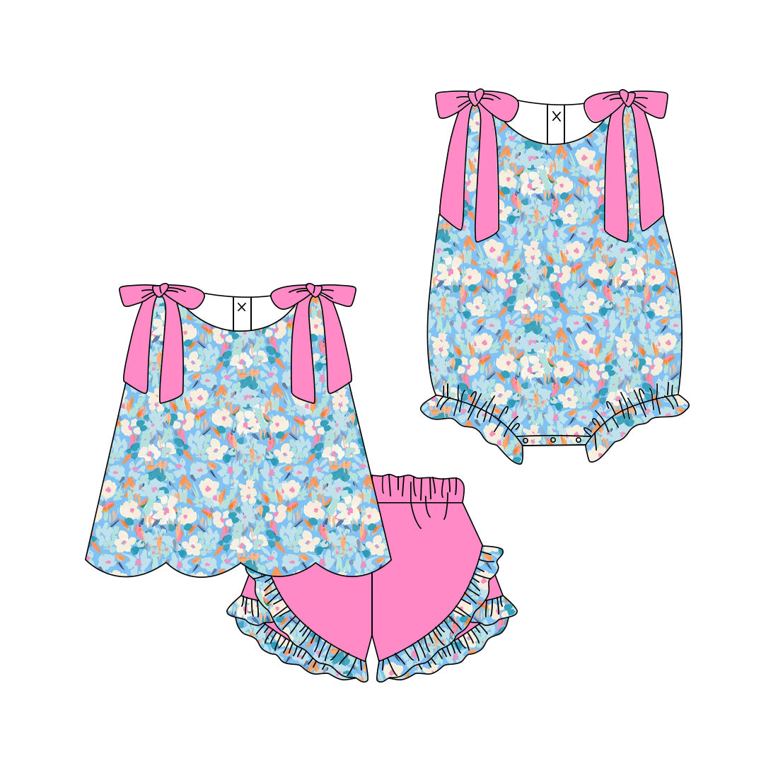 ( Moq 5 Each Style ) Sibling Baby Girls Kids Pink Bows Flower Tops Shorts Summer Set Romper