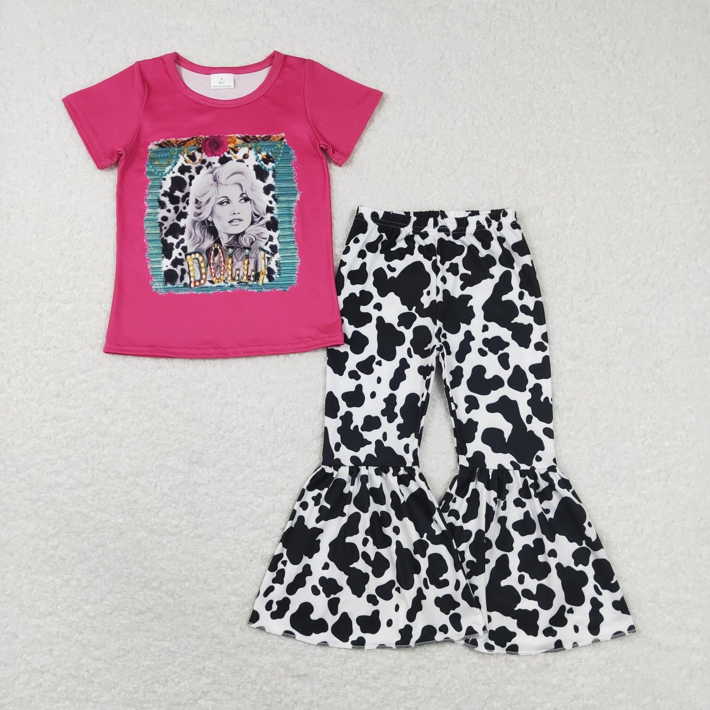 GSPO1110 Baby Girl Short Sleeves Singer Shirt Cow Print Bell Pants Set