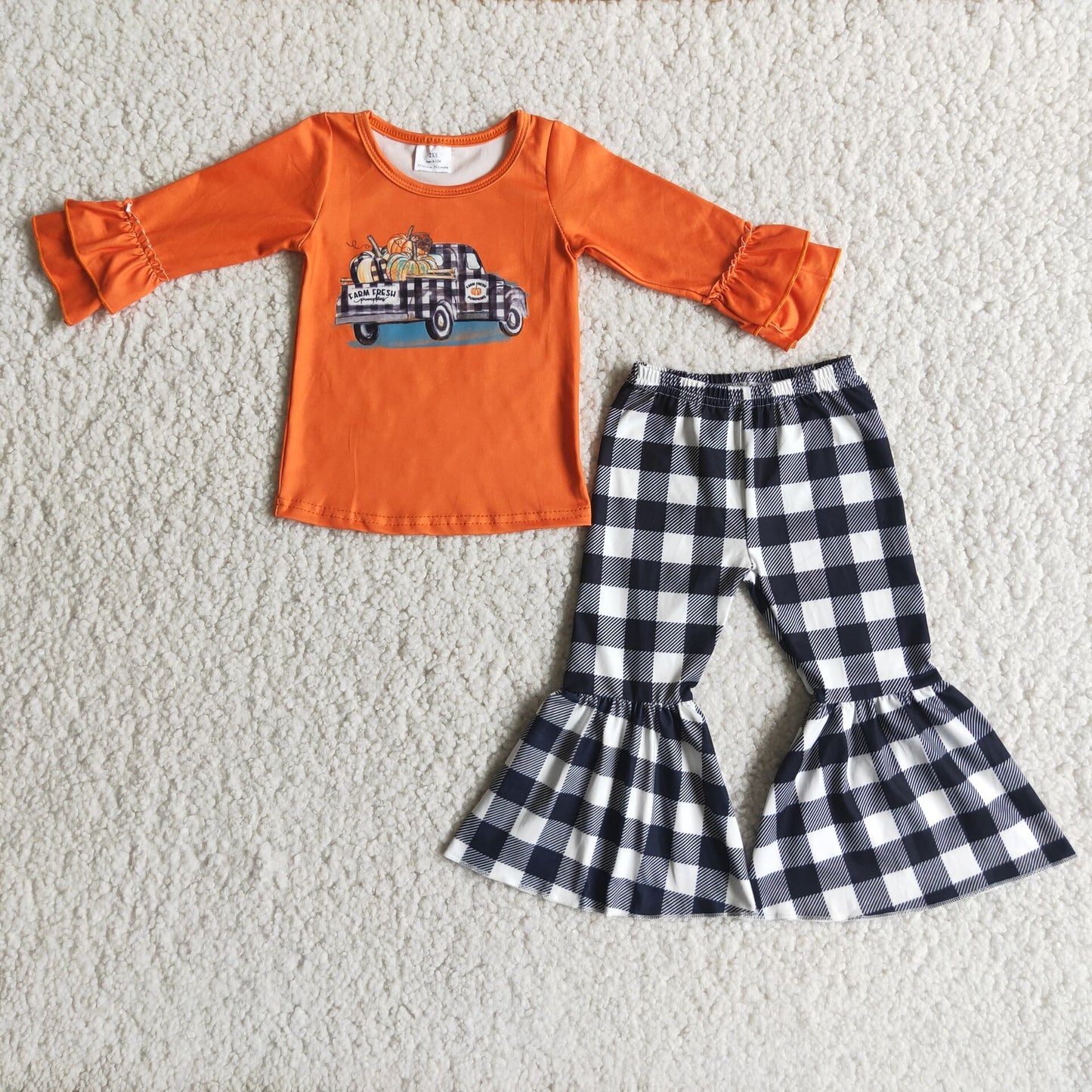 Promotion Baby Girl Pumpkin Tractor Plaid Bell Pants Fall Outfit RTS