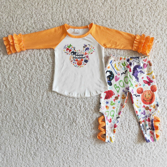 Promotion Baby Girl Long Sleeves Pumpkin Cartoon Shirt Pants Halloween Outfit RTS
