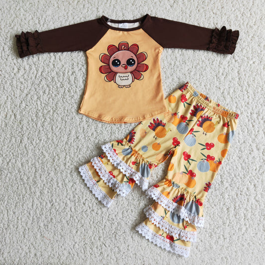 Promotion Baby Girl Long Sleeves turkey Pants Thanksgiving Outfit RTS