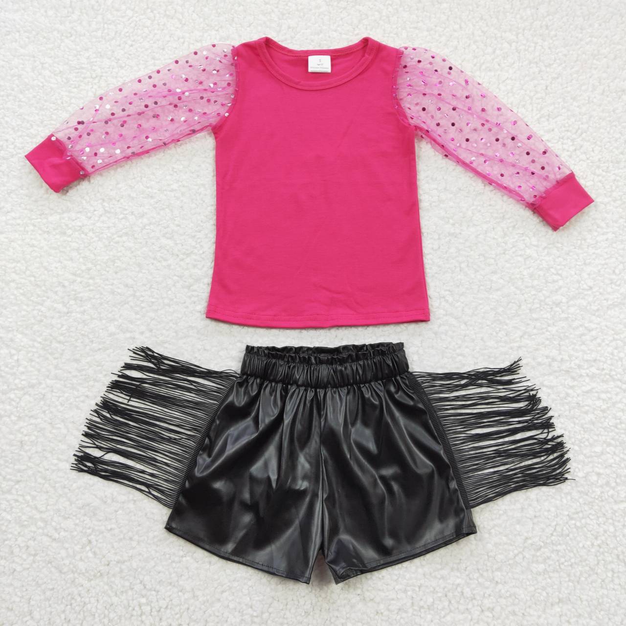 Baby Girl Lace Long Sleeves Shirt Black Tassel Leather Shorts Summer Outfit