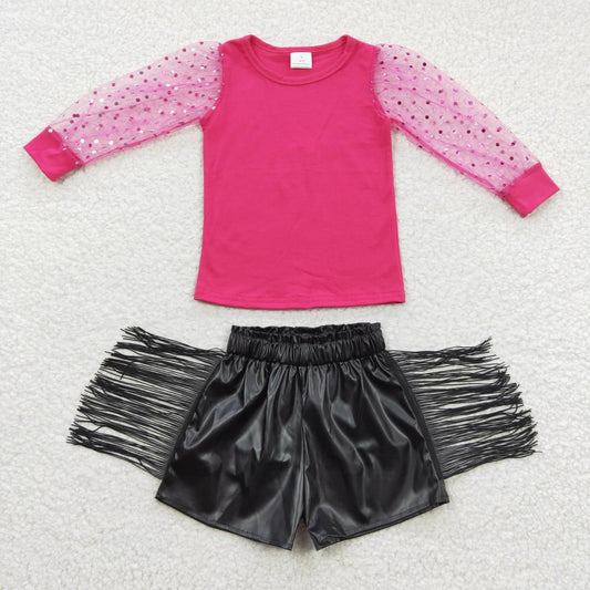 Baby Girl Lace Long Sleeves Shirt Black Tassel Leather Shorts Summer Outfit