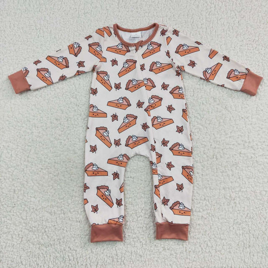 LR0353 Baby Kids Long Sleeves One Piece Pumpkin Pie Fall Thanksgiving Zip Romper
