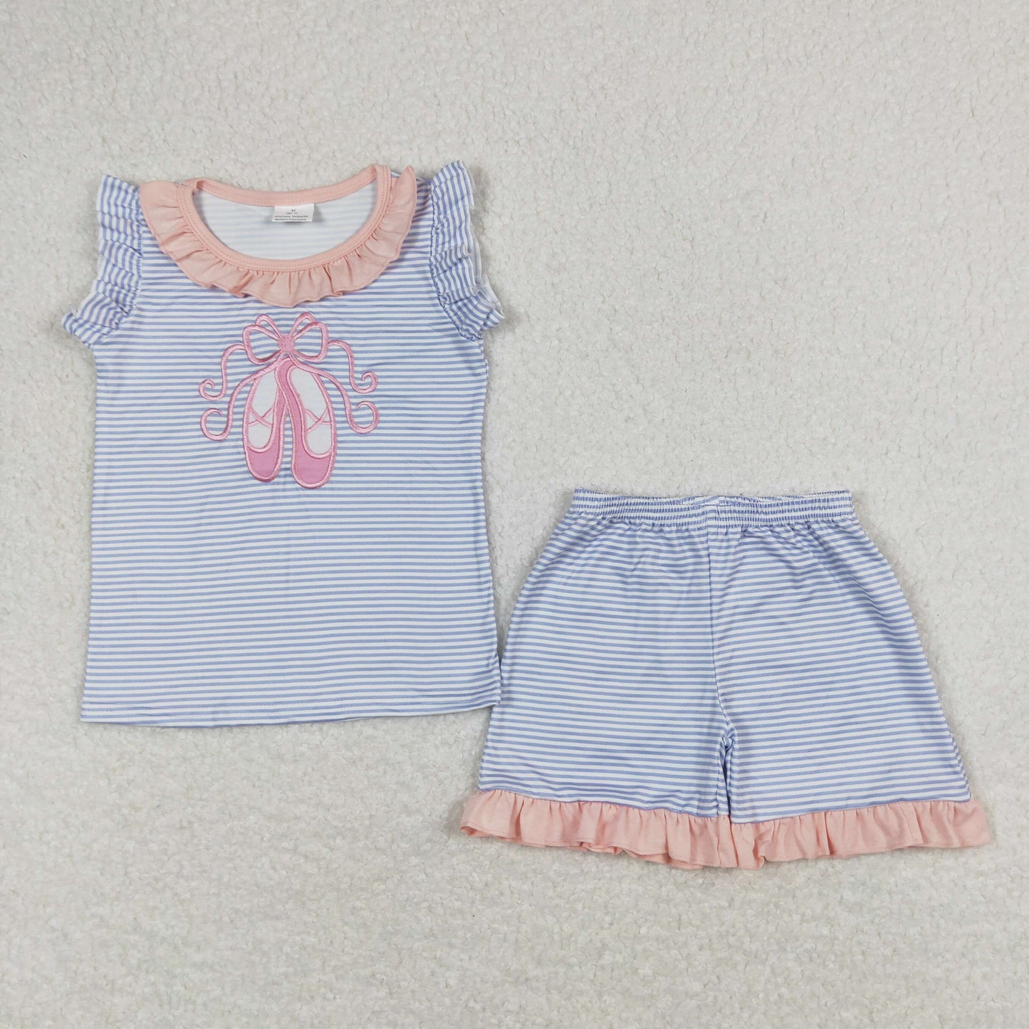 Baby Girl Embroidery Shoes Stripes Shirt Shorts Summer Set