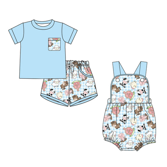 ( Moq 5 Each Style ) Sibling Baby Boys Kids Farm Animals Blue Shirt Shorts Set Romper Clothes