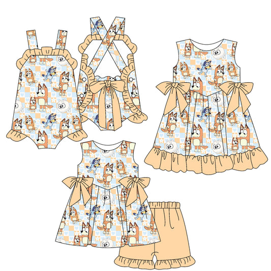 Baby Girl Straps Dogs Yellow Bows Sibling Romper Dress Set ( Moq 5 Each Style ) 2.17