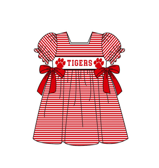 ( Moq 5 ) Baby Girls Toddler Short Sleeves Tigers Red Bows Stripes Knee Length Dress