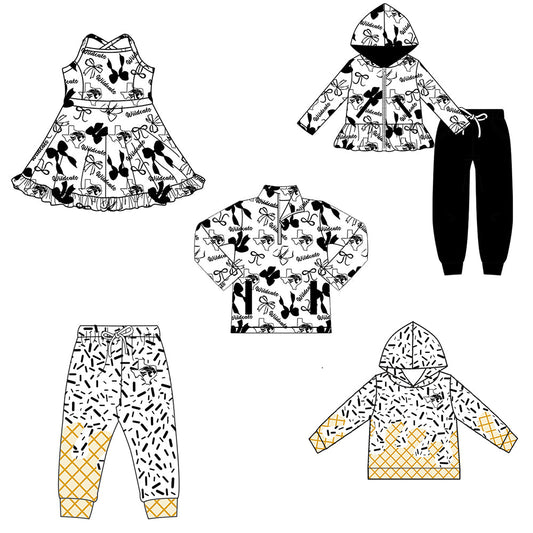 ( Moq 5 each style ) Baby Boy Girl Team Cheer Sibling Shirt Black Bows Dress Set 8.13