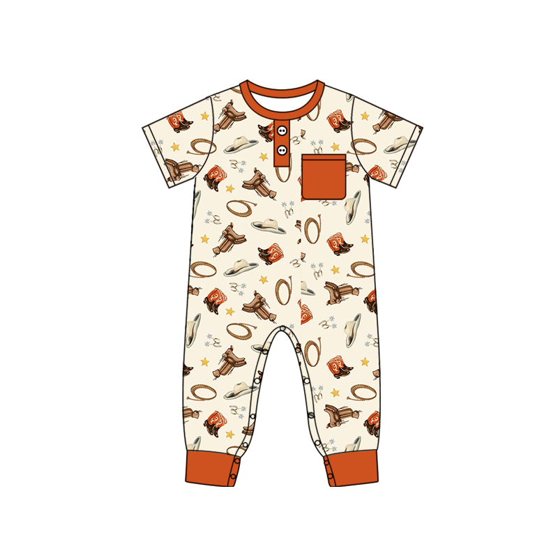 Baby Boy Infant Short Sleeves Western Boots Hats Pocket Romper Moq 5