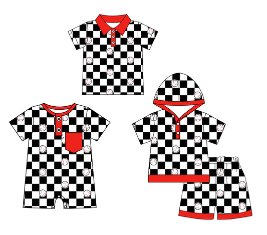 Baby Boy Short Sleeves Baseball Checkered Sibling Romper Clothes Set ( Moq 5 Each Design )11.30