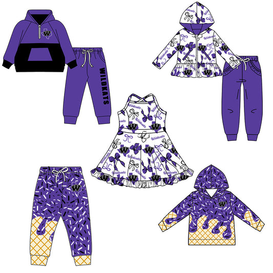 ( Moq 5 each style ) Baby Boy Girl Team Cheer Sibling Shirt Purple Bows Dress Set 8.18