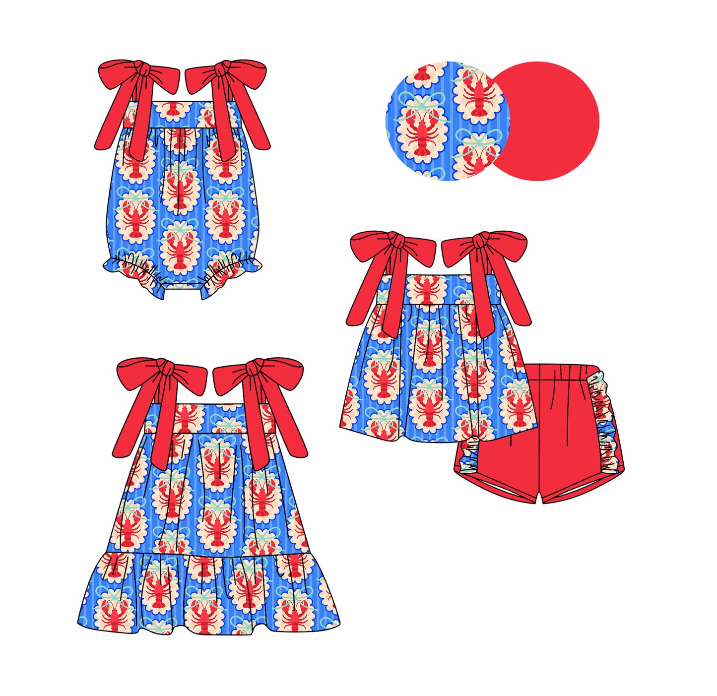 ( Moq 5 Each Style ) Sibling Baby Girls Kids Crawfish Bows Romper Dress Set Summer Clothes