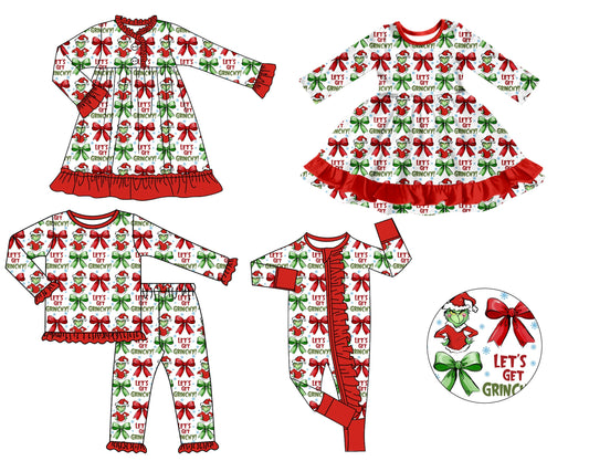 ( Moq 5 Each Style ) Baby Girl Toddler Green Face Bows Christmas Sibling Romper Dress Set