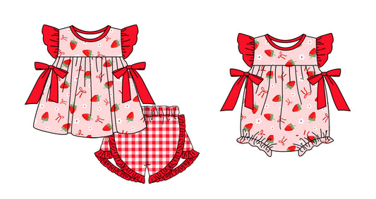 ( Moq 5 Each Style ) Baby Girl Short Sleeves Strawberry Flower Bows Sibling Romper Set 3.25