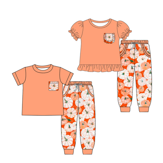 ( Moq 5 Each Style ) Baby Boy Girl Toddler Short Sleeves Pumpkins Pockets Sibling Fall Set 4.26