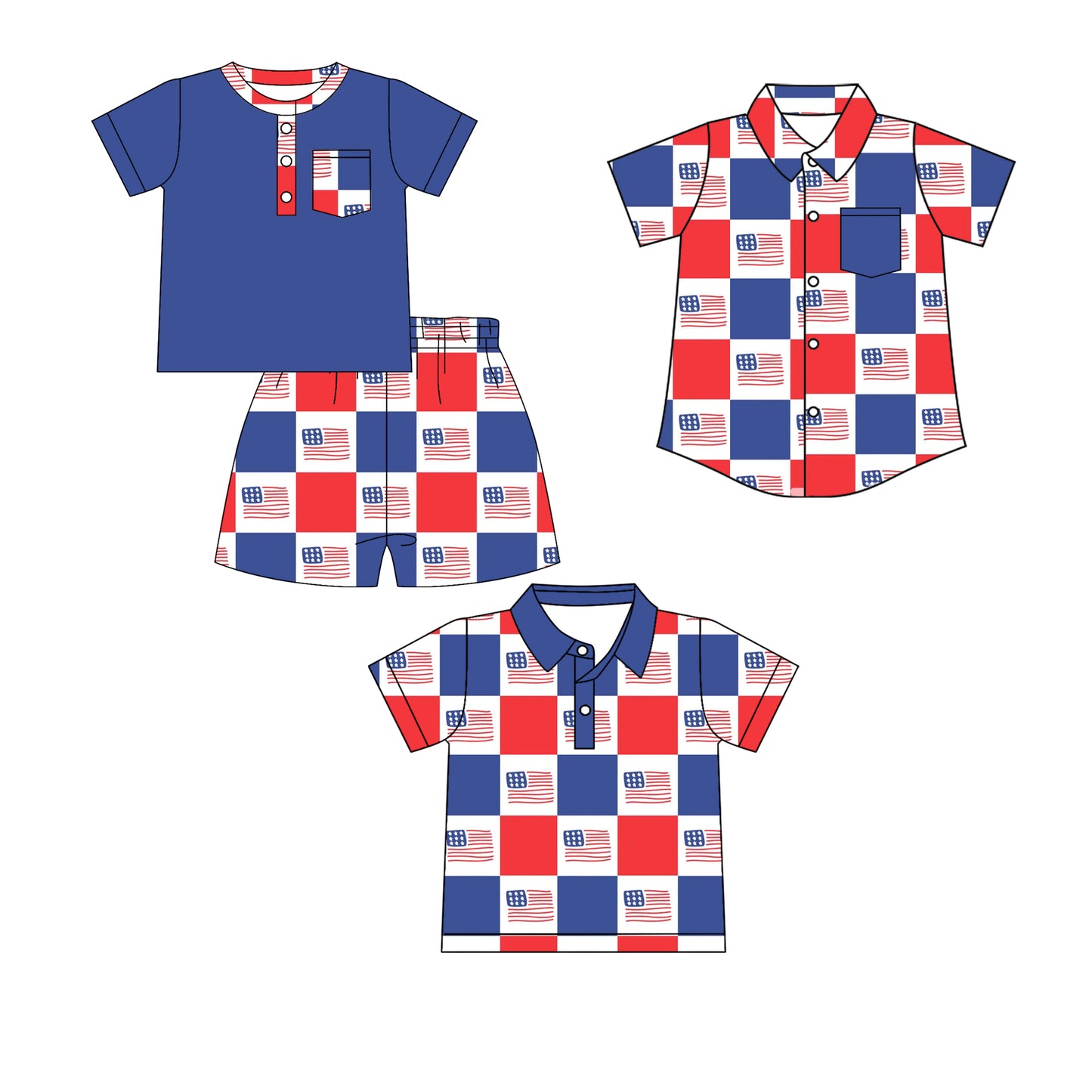 ( Moq 5 Each Style ) Baby Boys Kids Flags Plaid Short Sleeves Sibling 4th of July Shirts Set