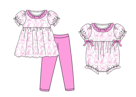 ( Moq 5 Each Style ) Baby Girls Kids Short Sleeves Rabbits Bows Sibling Easter Romper Set