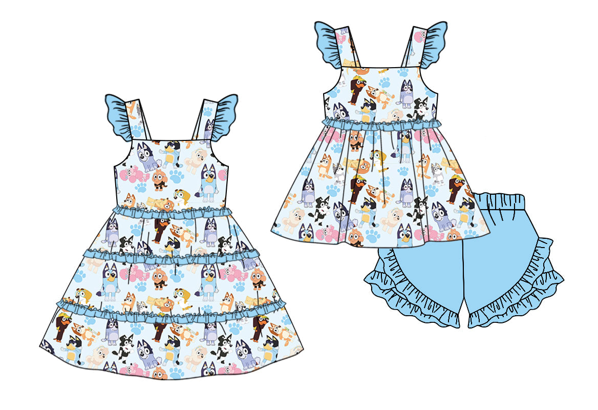 Baby Girl Short Sleeves Dogs Blue Sibling Dress Set ( Moq 5 Each Style ) 4.2