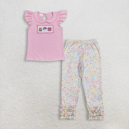 Baby Girl Kids Short Sleeves Embroidery Shirt Floral Ruffle Pants Birthday Set Clothes RTS
