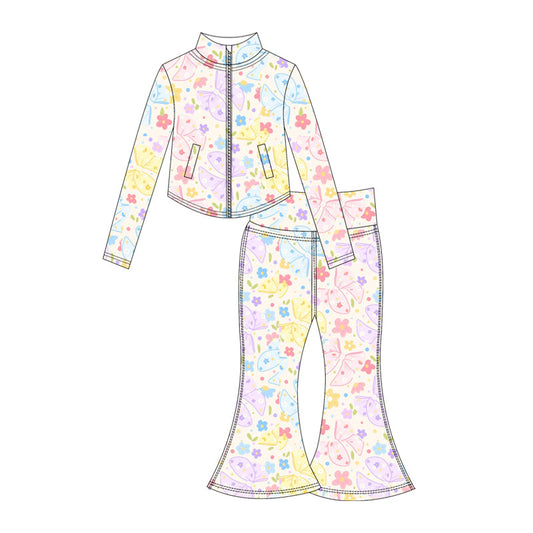 ( Moq 10 ) Baby Girl Butterfly Flower Long Sleeves Pockets Zipper Tops Pants Activity Wear Yoga Set