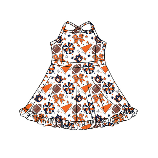 ( Moq 5 ) Baby Girls Toddler Straps Orange Bows Cheer Football Shorts Ruffle Dress Team Clothes