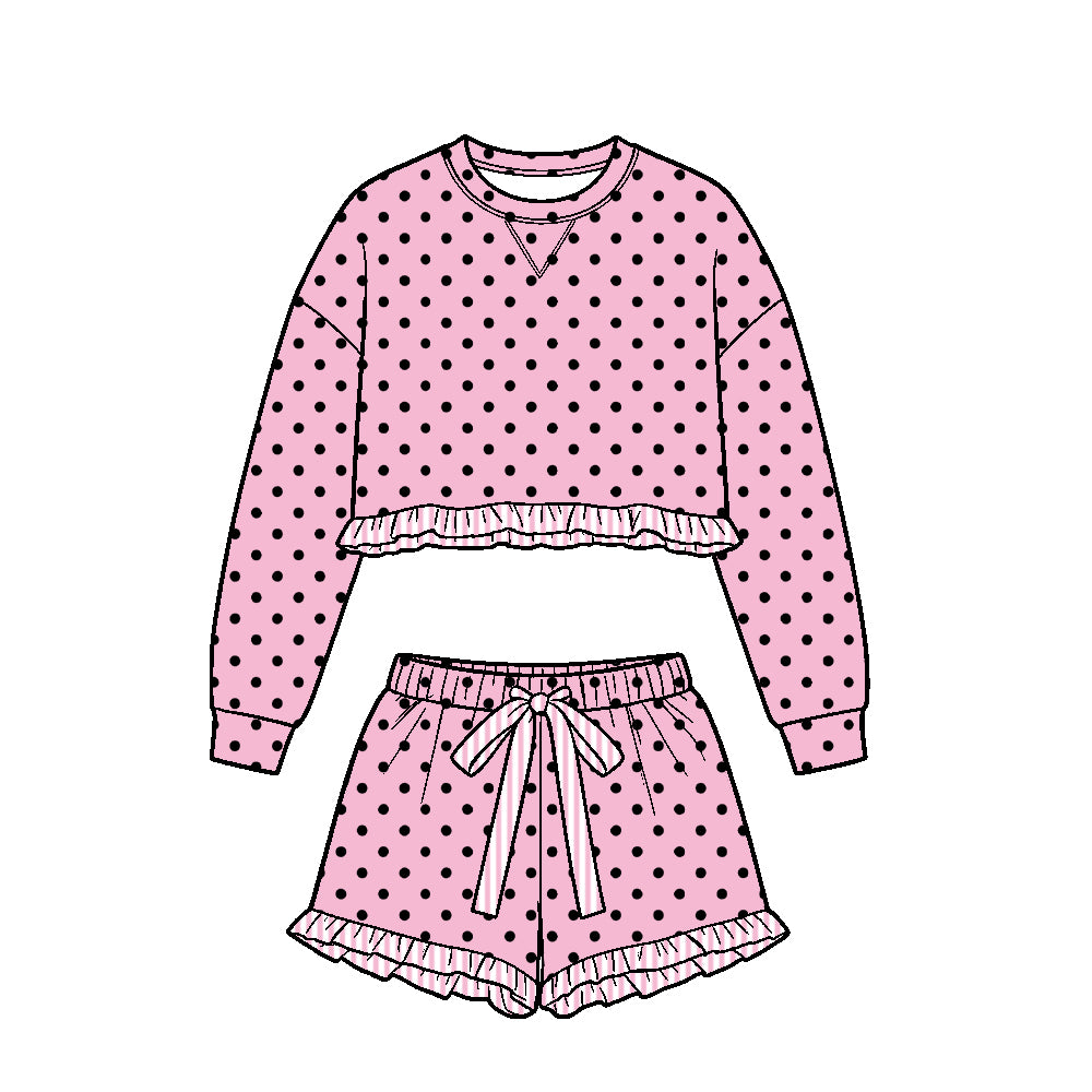 ( Moq 5 ) Baby Girls Kids Long Sleeves Ruffle Shirt Black Dots Shorts Set Pink Clothes