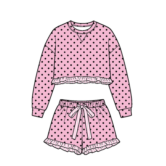 ( Moq 5 ) Baby Girls Kids Long Sleeves Ruffle Shirt Black Dots Shorts Set Pink Clothes